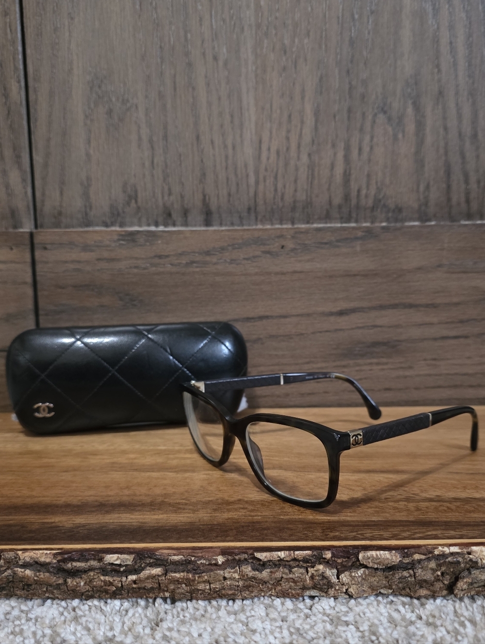 CHANEL Black Rectangular Logo Glasses